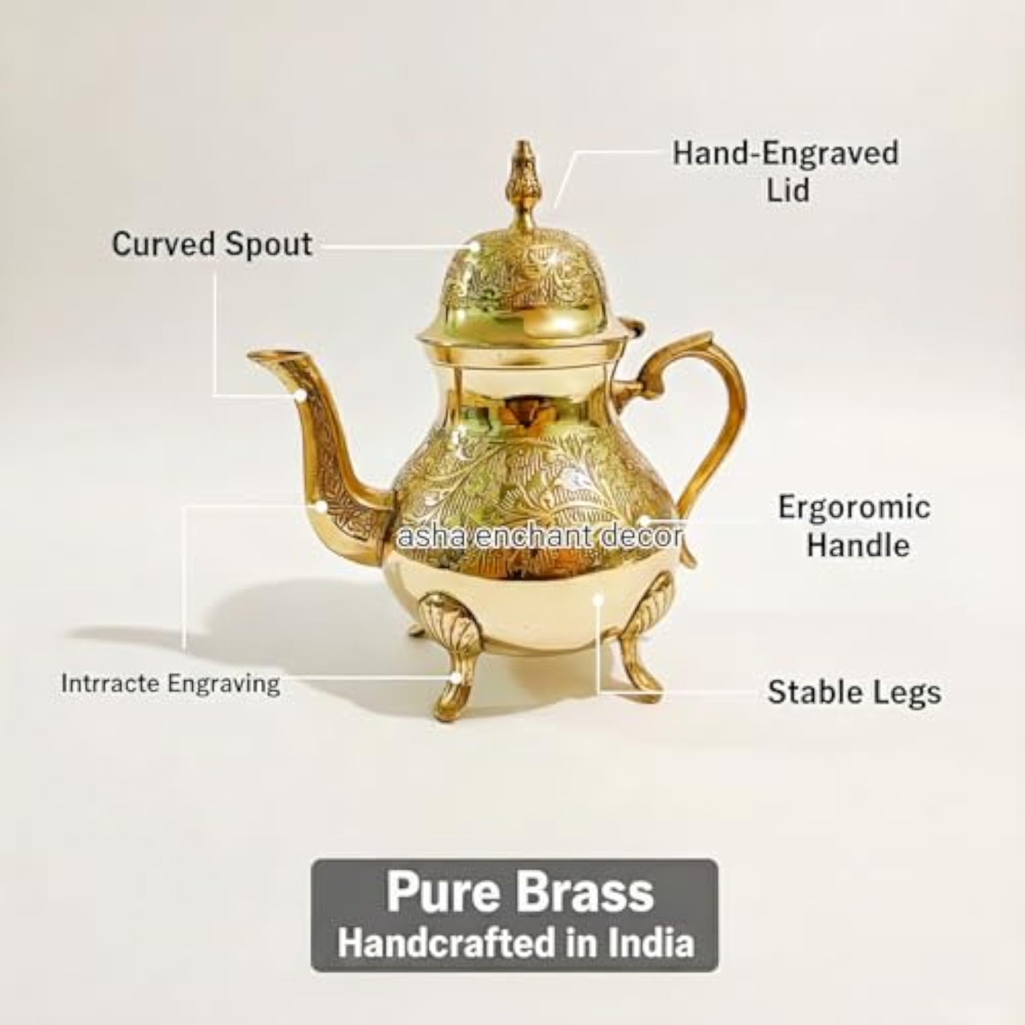 Mughal Style Brass Tea Kettle with Floral Etched Design